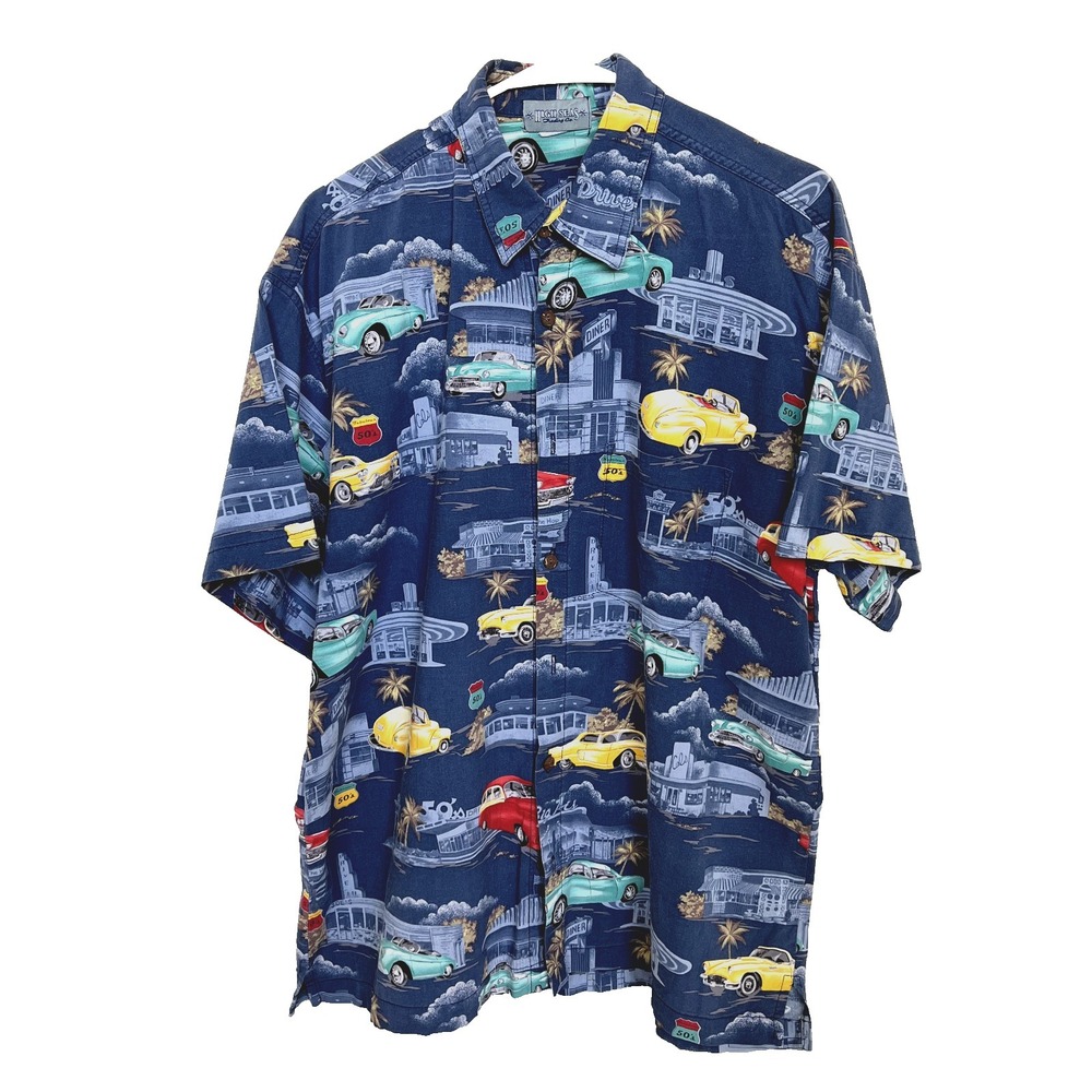 Vintage High Seas Trading Company Shirt Camp‎ Classic Cars Sz L Diner Palm Trees